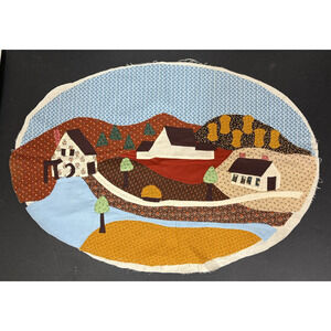 Farm Appliqued Quilted Wall Hanging Unframed 28" x 19" Handmade Browns Blues Vtg